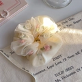 Chiffon mesh scrunchie in cream with pink rose embroidery for elegant hairstyles - White Mesh Scrunchie