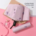 Pink automatic 3-fold umbrella with purple tulip print and star patterns for women - 306 Automatic / Pink Tulip