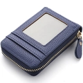 Navy blue lychee leather card holder with clear ID window and gold zipper closure - Blue