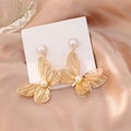 Elegant gold butterfly drop earrings with woven wire wings and white round pearls - Style 25092909-5