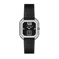 Elegante reloj cuadrado de mujer con correa de cuero negro y caja de acero plateado - Estilo de Correa / Correa de Cuero Negra