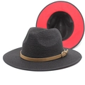 Classic black and red two-tone fedora hat with brown leather band for men and women - M (56-58cm) / Black / Red Underbrim