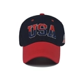 Close-up of the high-quality 3D USA embroidery and American flag on this navy baseball cap - USA Cotton Navy Blue