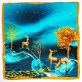 Square silk scarf with golden reindeer and forest prints in teal and gold colors - A Deer-shaped Silk Scarf / 65