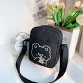 Cute black canvas crossbody bag featuring cartoon bear drinking milk tea pattern - Bag Only (No Charm) / Black Bear