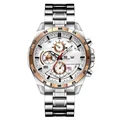 Men's silver and rose gold stainless steel chronograph watch with white textured dial - Rose Gold Bezel White Dial Steel Strap (216G-FB)