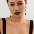 Gothic long black teardrop earrings with fine metal chains on model view - 07 Black Earrings