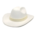 Elegant white wool felt cowboy hat with pearl decorative band and wide brim - M (56-58cm) / White