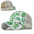 White baseball cap with green cactus print and mesh back featuring cross elastic ponytail hole - Adjustable / Cactus