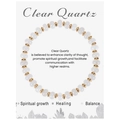 Detailed view of Clear Quartz bead bracelet with gold spacers and healing properties card - Clear Quartz Bracelet