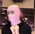 Pink plush knitted balaclava hood with soft fuzzy texture for winter face warmth - One Size / Pink