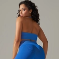 Helles blaues nahtloses geripptes Yoga-Set mit Halter-Sport-BH und Leggings mit hohem Bund - S / Blau