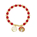 Close-up of beaded bracelet with red glaze charms and gold mushroom pendant detail - Paw Print & Mushroom