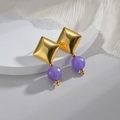 14K gold geometric square earrings with purple round beads on elegant white display - Purple