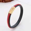 Detail of red and green braided leather bracelet with a gold magnetic clasp - Red Green Leather Rope Stitched