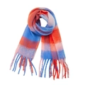 Detail of soft loop yarn plaid scarf featuring orange and blue gradient knit with tassels - Orange Blue