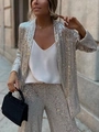 Three-piece silver sequin suit set with blazer and high waist trousers for women - S / Silver Pants