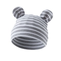 Detail showing soft cotton knit texture and cute round ears on striped baby beanie - Grey and White Stripes