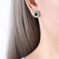 Elegant square green gemstone stud earrings with silver cable pattern for women - Steel Color Green Glass Stone Earrings