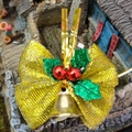 Golden mesh Christmas bow with red berries and small bells for cake decoration - Christmas Bow 24