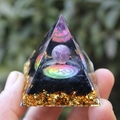 Handheld crystal pyramid with purple sphere, golden flakes and holographic OM symbol - 3D Obsidian / Small