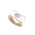 Detail of gold evil eye ring with white enamel rectangular face and micro-inlaid stones - Adjustable Open / Rectangular White
