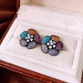 Macro detail of vintage flower stud earrings with colorful zircons and black plating - Colorful Flower (Silver Needle)