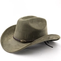 Classic olive green suede western cowboy hat with brown braided leather band and bull emblem - M(56-58cm) / Army Green