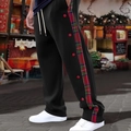 Detail of men's casual pants with plaid side stripes and red snap button decorations - S / Black