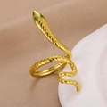 Vintage gold snake ring with green zircon eyes and scales on a beige fabric background - Style 8-Green Stone Eyes