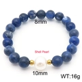 Blue 8mm stone beads bracelet with a 10mm white shell pearl and golden accents - Gold Bracelet (KB188416-Z)