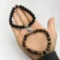 Magnetic heart couple bracelets featuring black matte beads and brown tiger eye stones - Tiger Eye & Matte Black with Heart