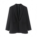 Gros plan du col du blazer noir montrant la texture lisse du tissu et l'étiquette S - Noir