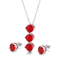 Set gioielli in acciaio argento con collana a ciondolo e orecchini in zircone rosso tondo - Argento (Tondo Rosso)