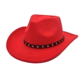 Detail of red cowboy felt hat featuring black leather band with silver metal studs - Red