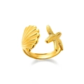 Macro detail of gold-plated starfish and seashell design on stainless steel open ring - Gold Shell Starfish (JZ5744G)