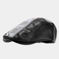 Detail of vintage patchwork newsboy cap featuring black leather and blue striped canvas - One Size / 2# Black (Vintage Labels)