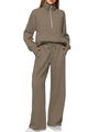 Detail of half-zip sweatshirt with front pocket and wide-leg drawstring sweatpants set - Coffee