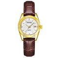 Elegant gold quartz watch for women with white crystal dial and brown leather band - Brown Strap Gold Case White Dial Women's