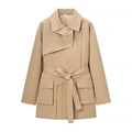 Classico trench lungo kaki da donna con cintura in vita e ampi revers stile elegante - S / Cachi