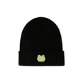 Close-up of black knitted beanie featuring a cute frog patch with a yellow star - M (56-58cm) / Black