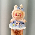 Labubu doll in pink rabbit plush onesie and blue plaid lace dress with floral embroidery - Blue Plaid Floral Skirt / First And Second Generation Keychains Are Compatible With La Cloth Dolls. Dolls Not Included.