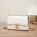 White quilted crossbody bag with gold chain strap and elegant T-bar twist lock closure - V-Quilted / White