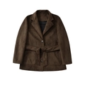 Elegante chaqueta blazer de ante sintético marrón oscuro con cinturón para mujer - XS / Café oscuro