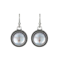 Vintage silver heart earrings with blue moonlight stone in a retro twisted metal frame - Antique Silver Pearly Round (K-1252)