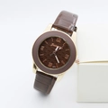 Golden quartz watch with brown leather strap and chocolate grid dial, model 3870 - Coffee