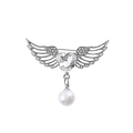 Silver winged heart brooch with clear crystal and elegant hanging white pearl charm - XD824360-2-Silver Wing Heart Pearl