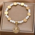 Saint Benedict charm bracelet featuring white pearls and gold religious medal pendants - Antique Silver Baroque Portrait Pearl Bracelet (K-178)