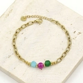 Minimalist gold titanium steel bracelet featuring light blue, rose, and green stones - Style 9 (Three Beads/Fine Gold Chain)