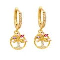 Golden Tree of Life huggie earrings with colorful zircon stones on white background - Style A - Multi-color Tree of Life